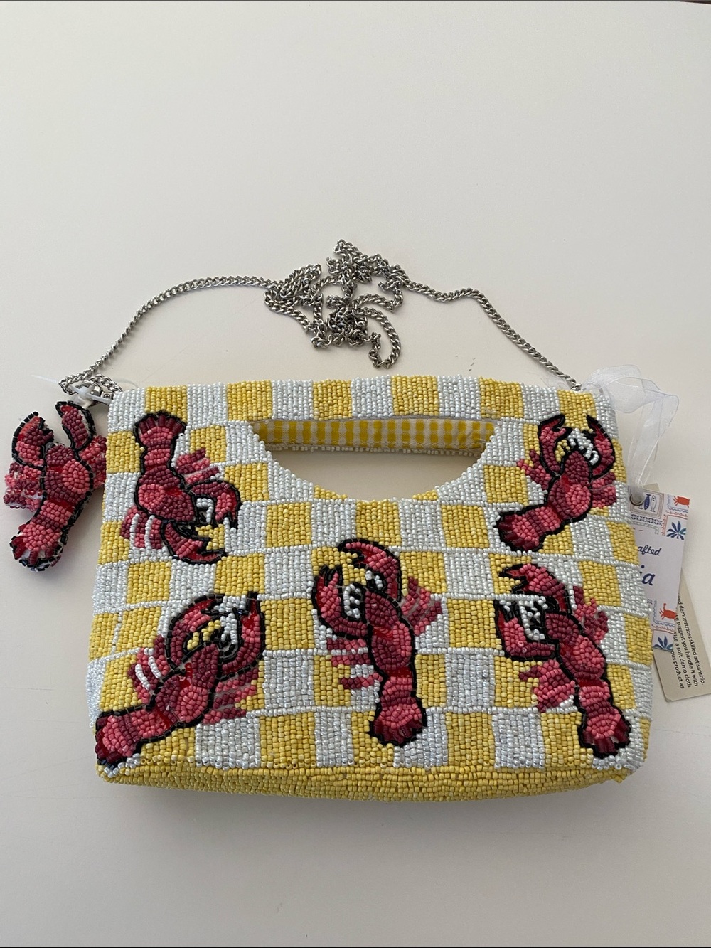 Beaded Yellow Check Lobster Clutch with Chain Strap